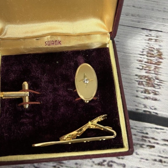 Swank Vintage Brushed Gold Faux Diamonds Mens Cufflinks & Tie Clip w/ Box - Picture 9 of 12